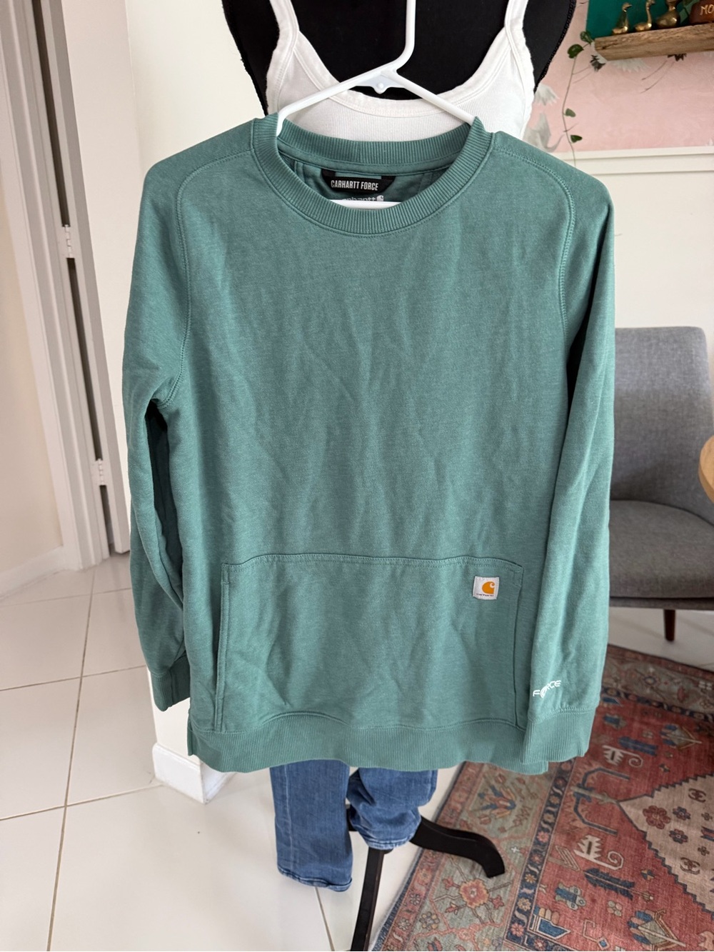 Carhartt Force Womens S Relaxed Fit Crewneck Logo Sleeve Sweatshirt Green